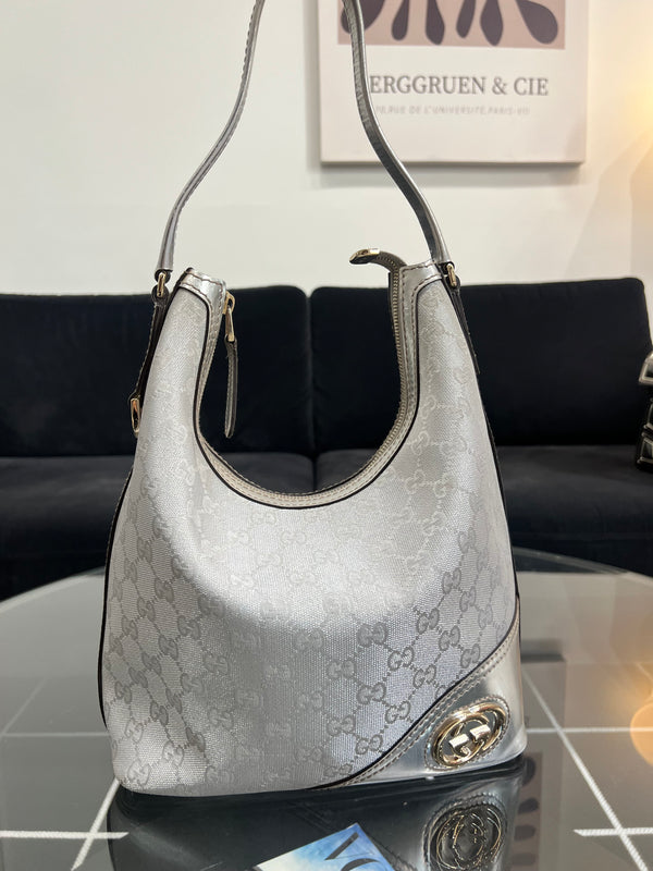 Gucci Silver GG Canvas and Leather Britt bag