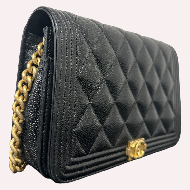 Chanel Wallet on Chain Boy Caviar Leather with Golden Hardware - Black - Brand New, Full Set