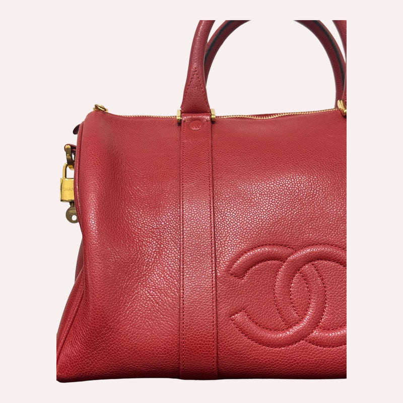 Chanel Red Caviar Leather Boston Medium Bag
