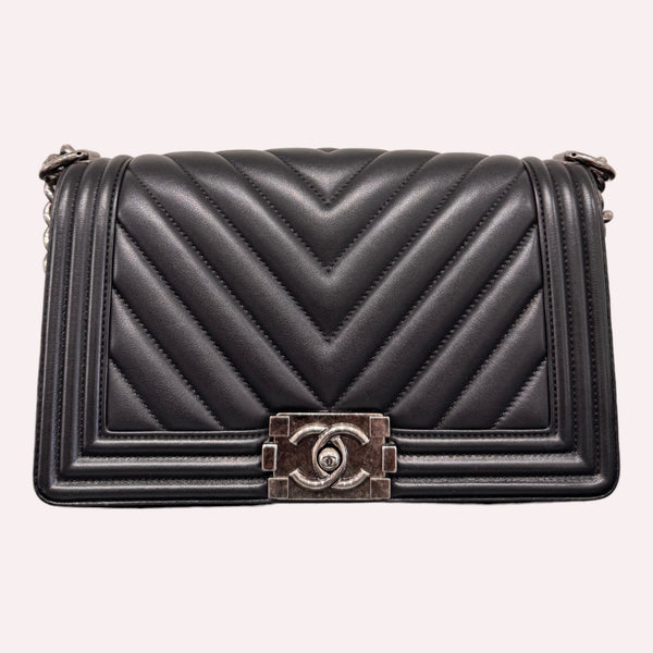 Chanel Boy Bag - Medium Size in Chevron Black with Brushed Hardware