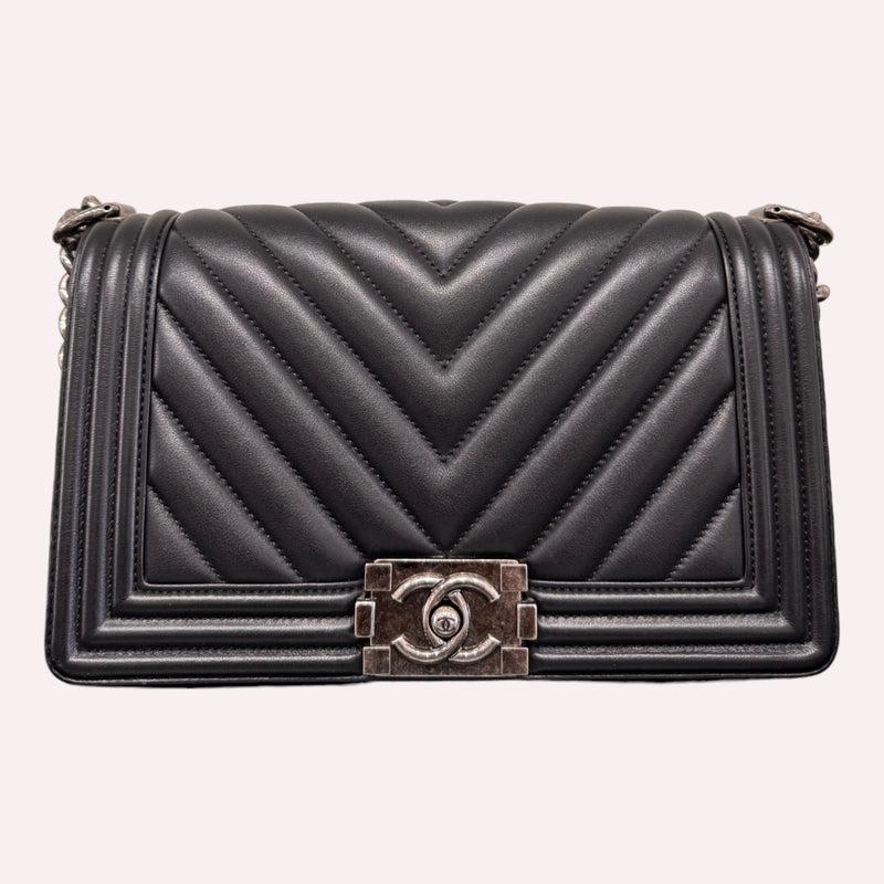 Chanel Boy Bag - Medium Size in Chevron Black with Brushed Hardware