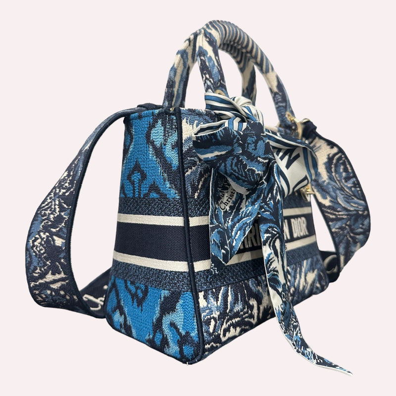 Lady Dior Medium - Canvas Blue Flowers with Champagne Hardware