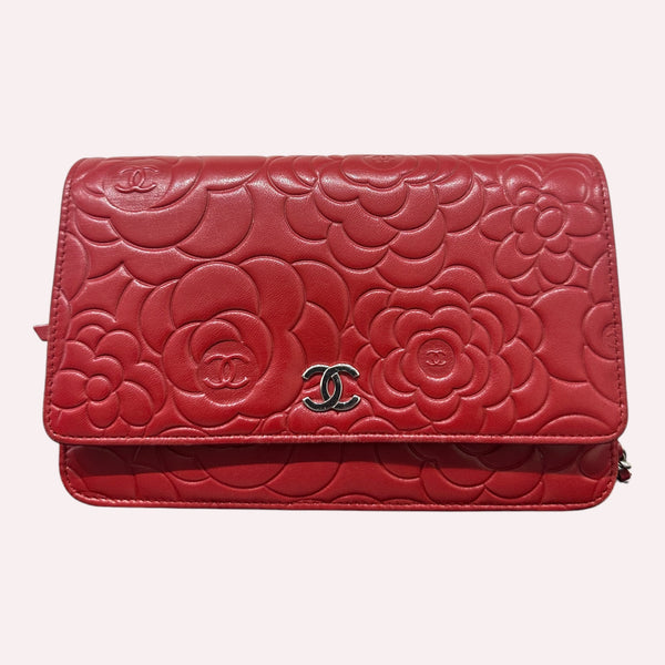 Chanel Wallet on Chain in Red Camellia Lambskin Leather - Used Condition