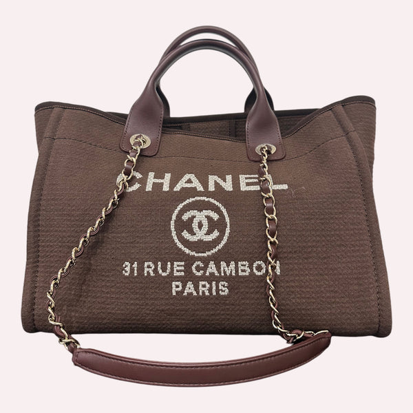 Chanel Deauville Shopper in Brown Canvas and Lambskin Leather