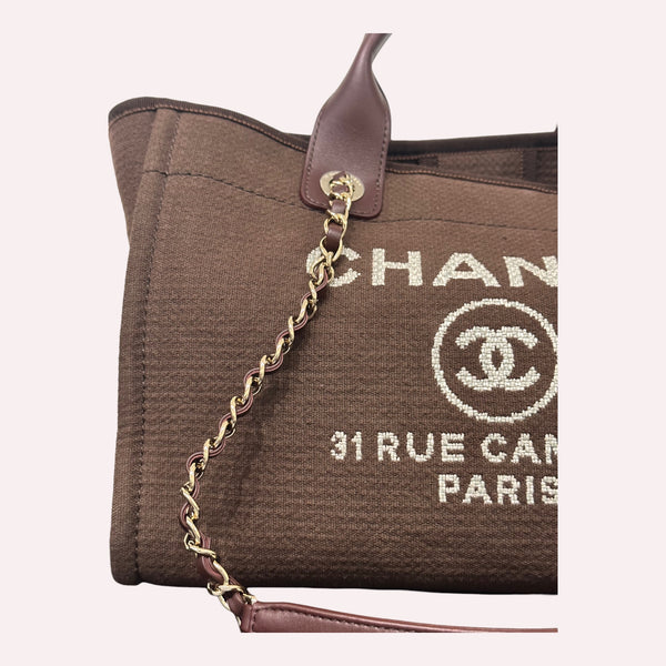 Chanel Deauville Shopper in Brown Canvas and Lambskin Leather