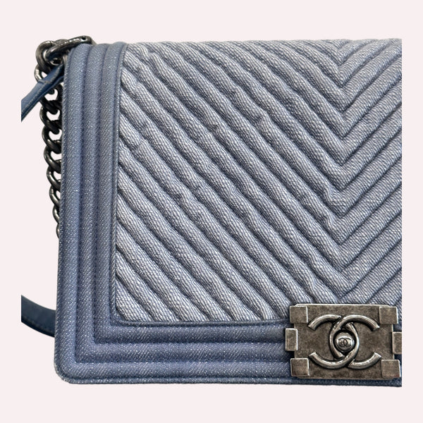 Chanel Limited Medium Denim Chevron Boy Bag with Brushed Hardware