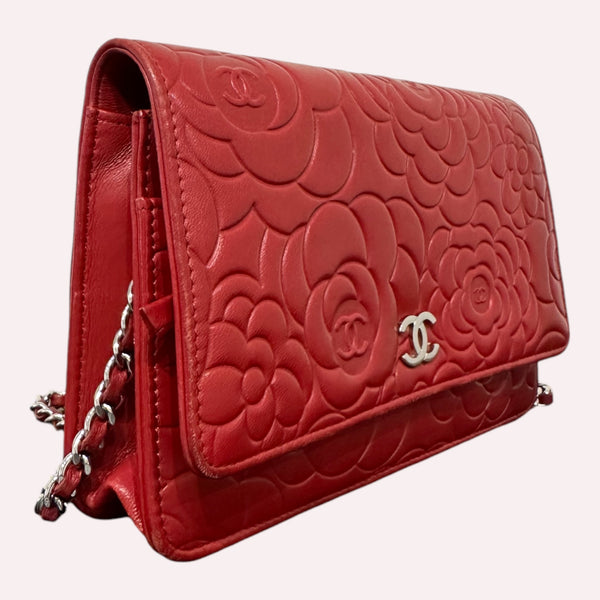 Chanel Wallet on Chain in Red Camellia Lambskin Leather - Used Condition