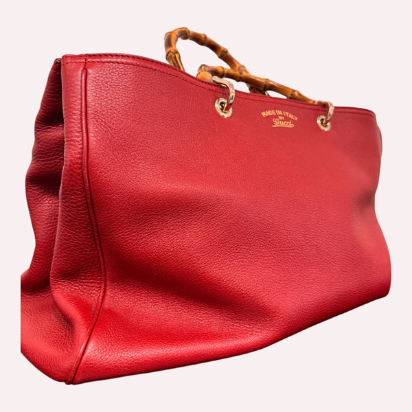 Gucci Leather Bamboo Shopper Tote in Red: