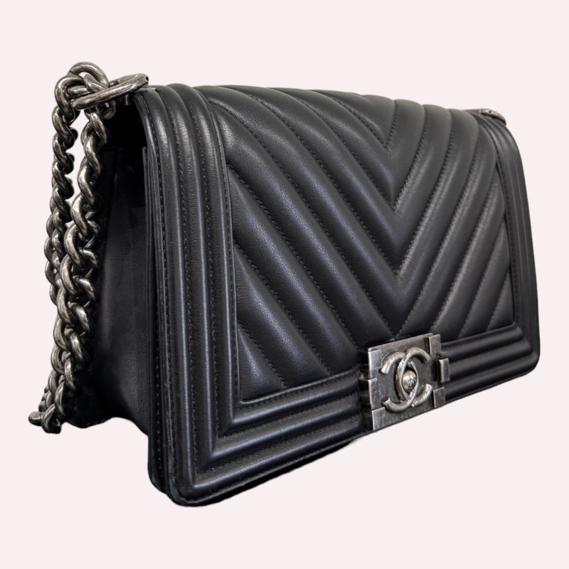 Chanel Boy Bag - Medium Size in Chevron Black with Brushed Hardware