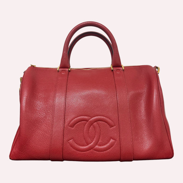 Chanel Red Caviar Leather Boston Medium Bag