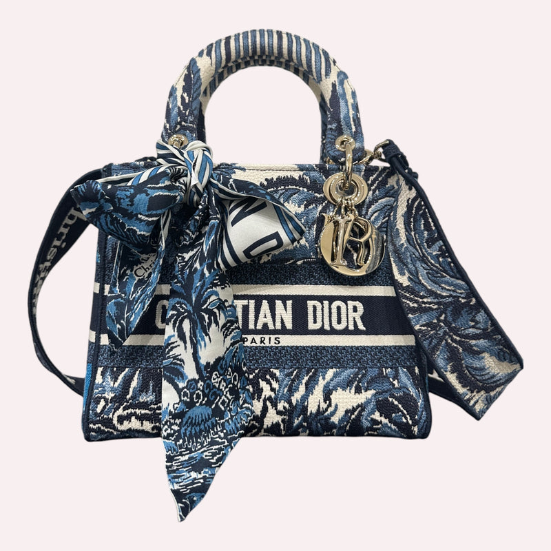 Lady Dior Medium - Canvas Blue Flowers with Champagne Hardware