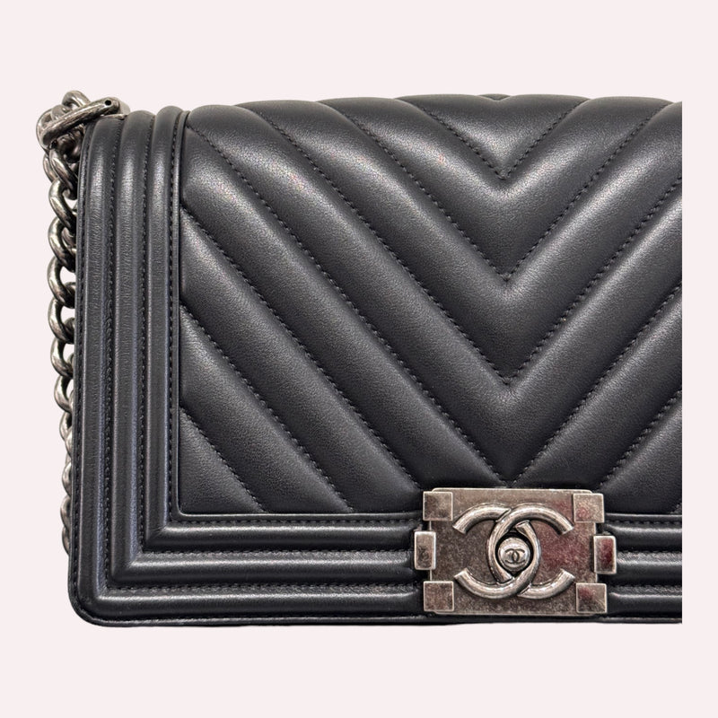 Chanel Boy Bag - Medium Size in Chevron Black with Brushed Hardware