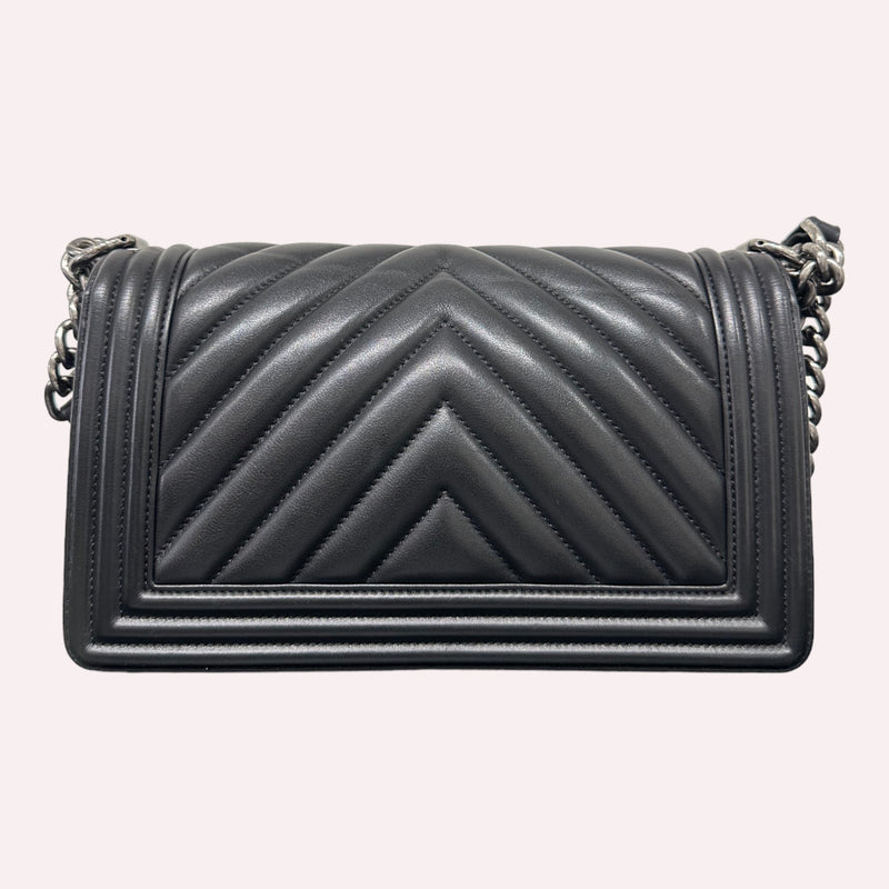 Chanel Boy Bag - Medium Size in Chevron Black with Brushed Hardware